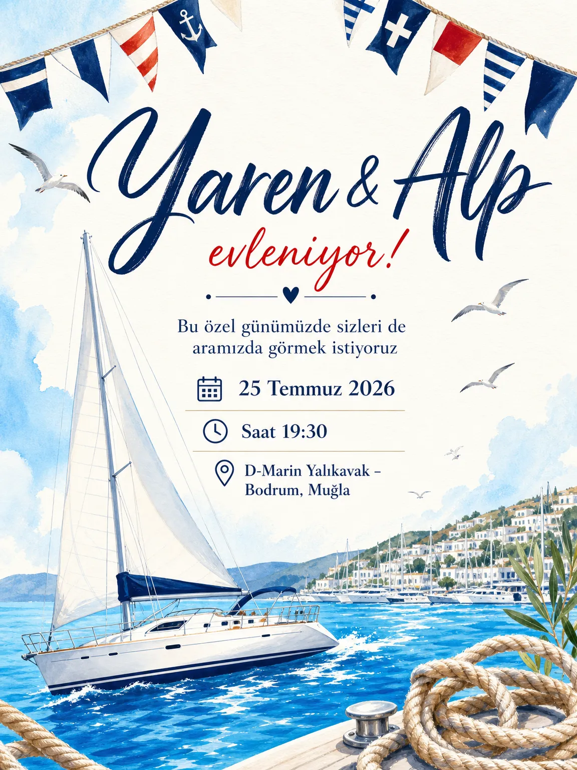 Beyaz yelkenli tekne ve marina flamalı modern deniz temalı düğün davetiyesi