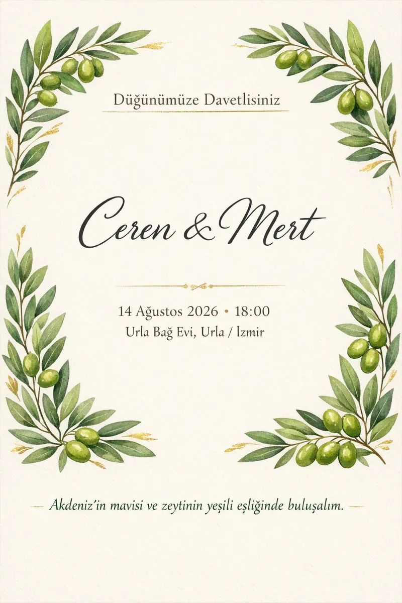 Zeytin dallarıyla süslenmiş Akdeniz temalı düğün davetiyesi
