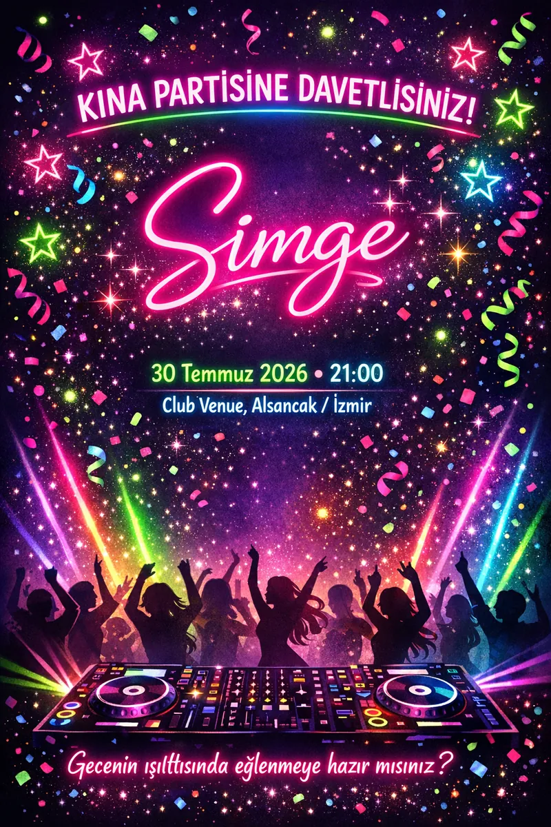 Neon renkli parti kına davetiyesi