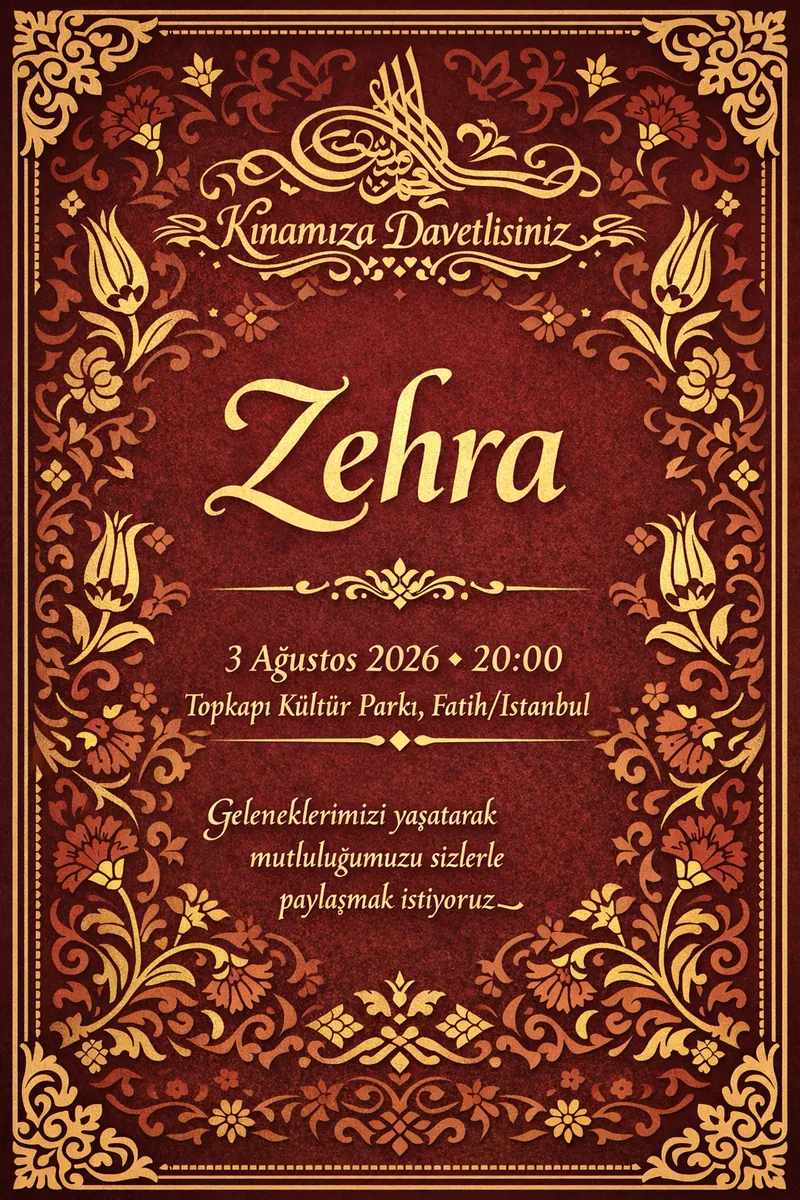 Osmanlı desenleriyle süslenmiş geleneksel kına davetiyesi