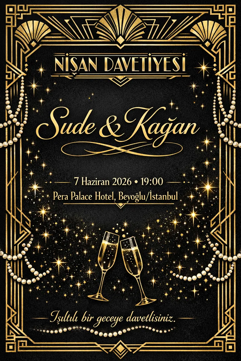 Art deco Gatsby tarzı nişan davetiyesi