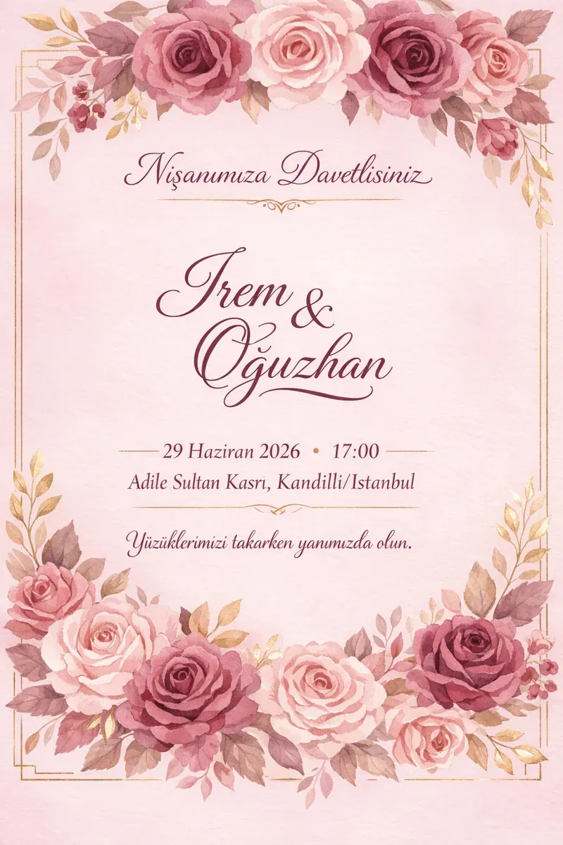 Gül kurusu tonlarında romantik nişan davetiyesi