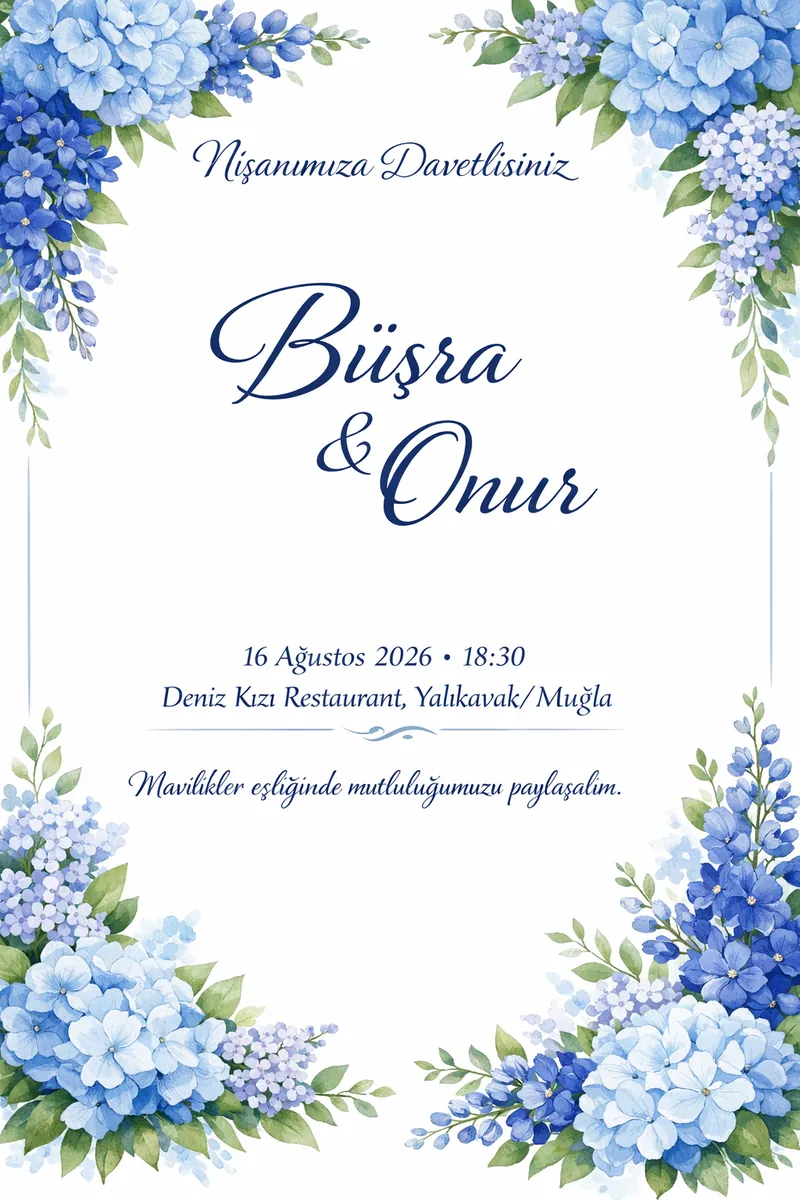 Mavi çiçek buketli nişan davetiyesi