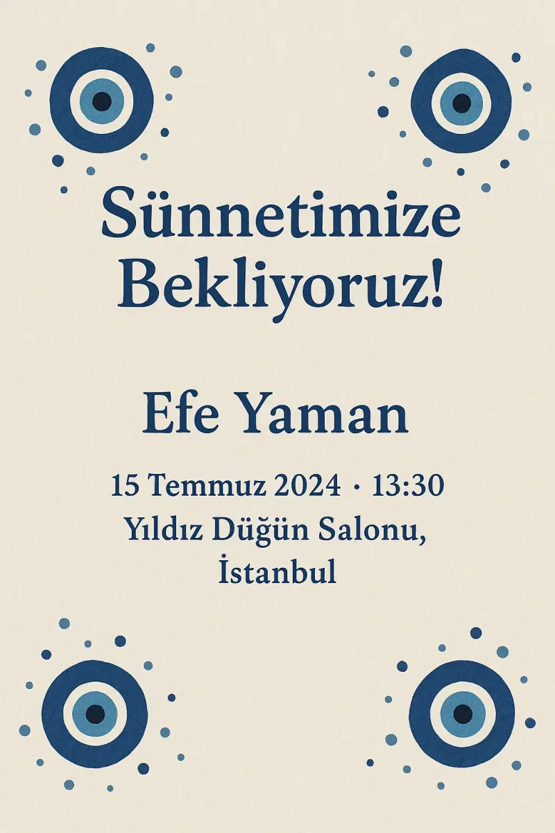 Nazar boncuğu desenleriyle süslenmiş mavi ve krem renkli sünnet davetiyesi